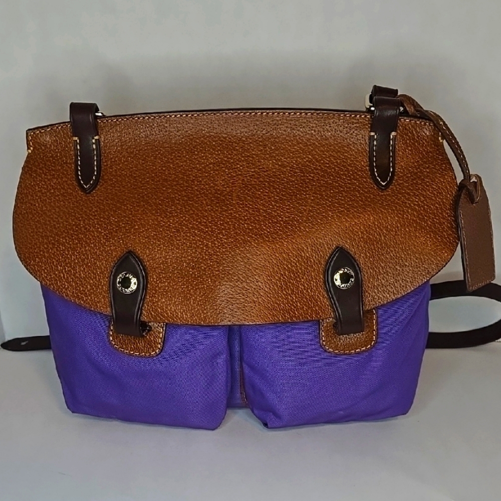 Vintage Dooney & Bourke Leather and Purple Nylon  Messenger Bag L-13"XH-9"W-3.5"